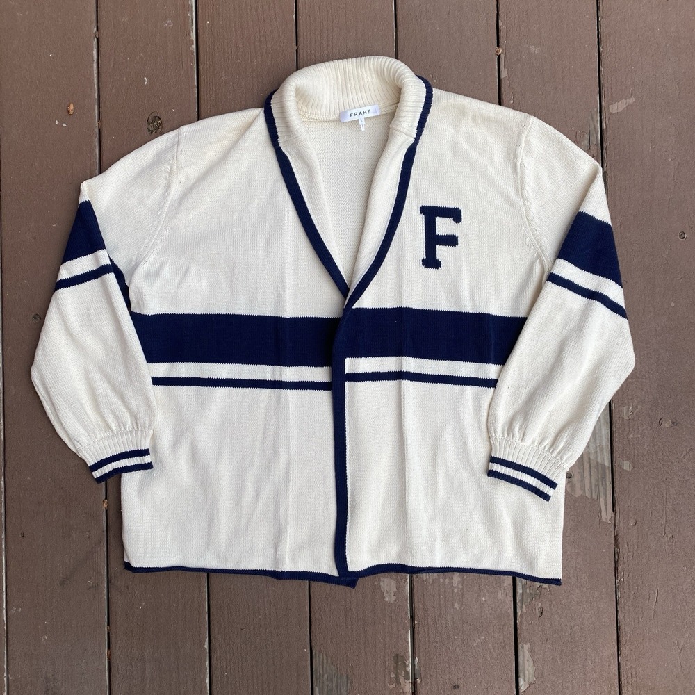 FRAME Varsity Cardigan Large Women's Cotton Cream / Navy Blue Preppy